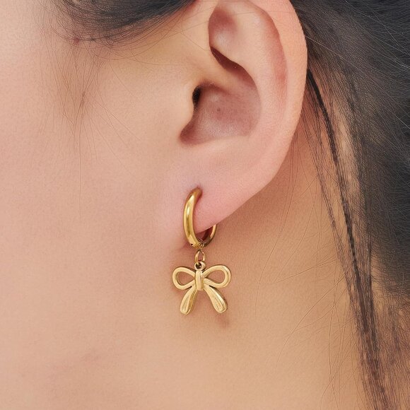 Gold Bow Hoop Earrings Delicate 14K Gold Plated Silver Jewelry for Women - Picture 7 of 8